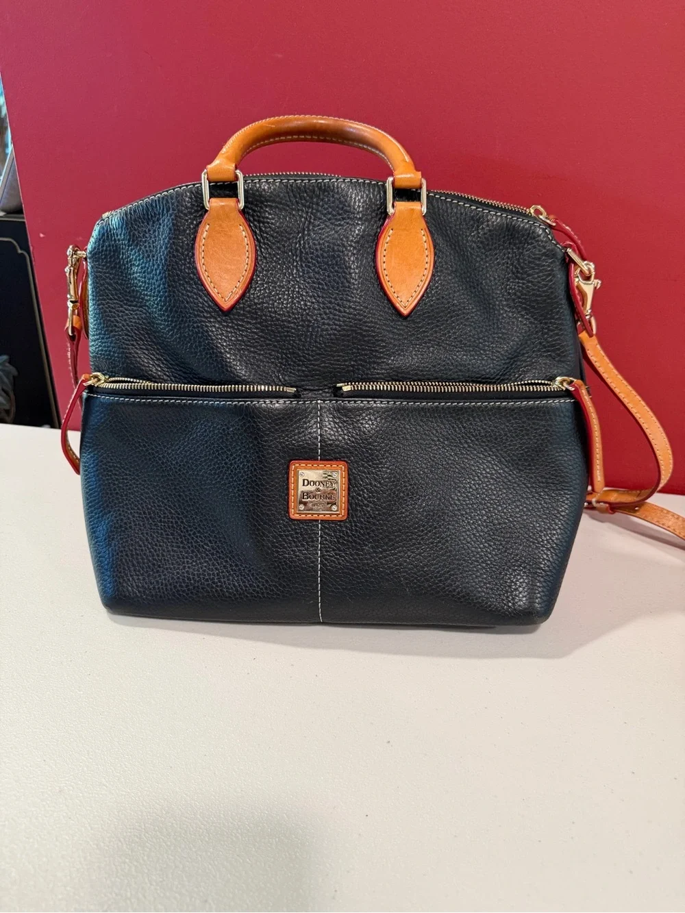 Dooney & Bourke Black Satchel with Tan Trim and Handles